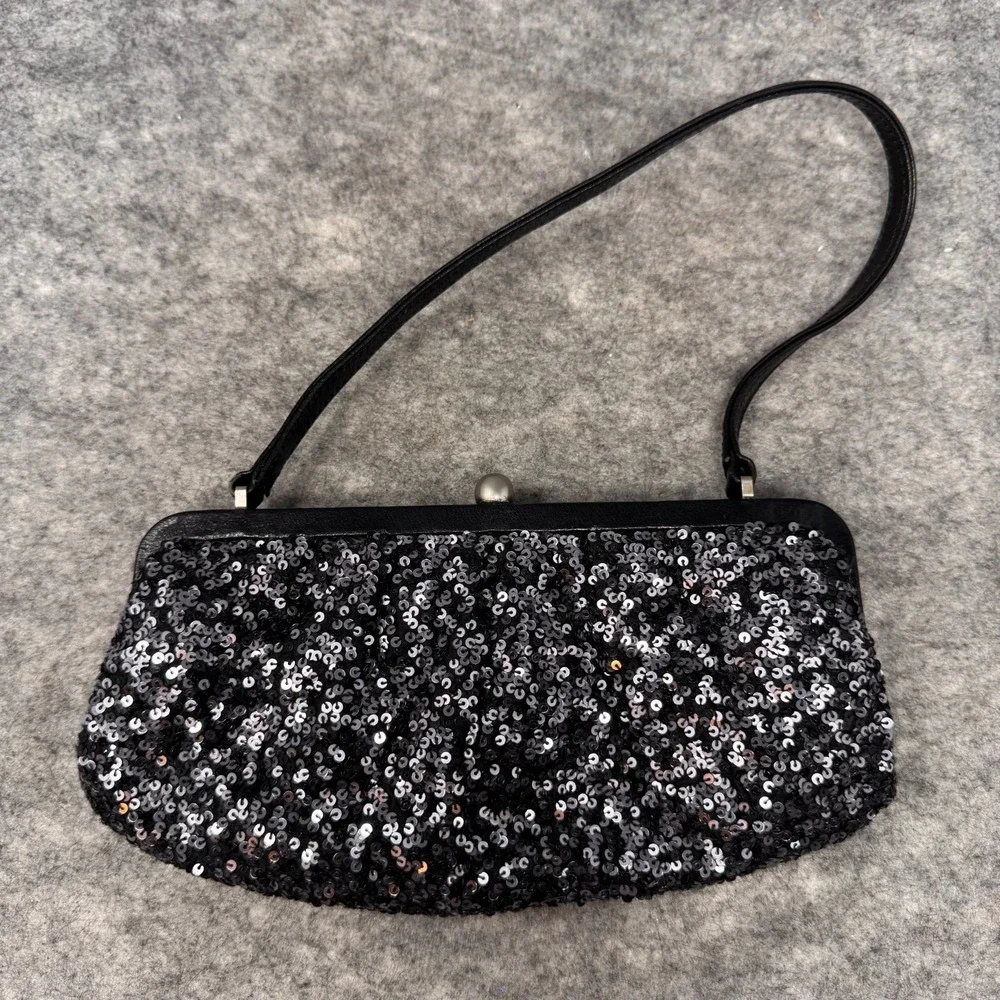 Y2K Sequin Black Clutch Evening Bag Kiss Clasp Special Event Beaded